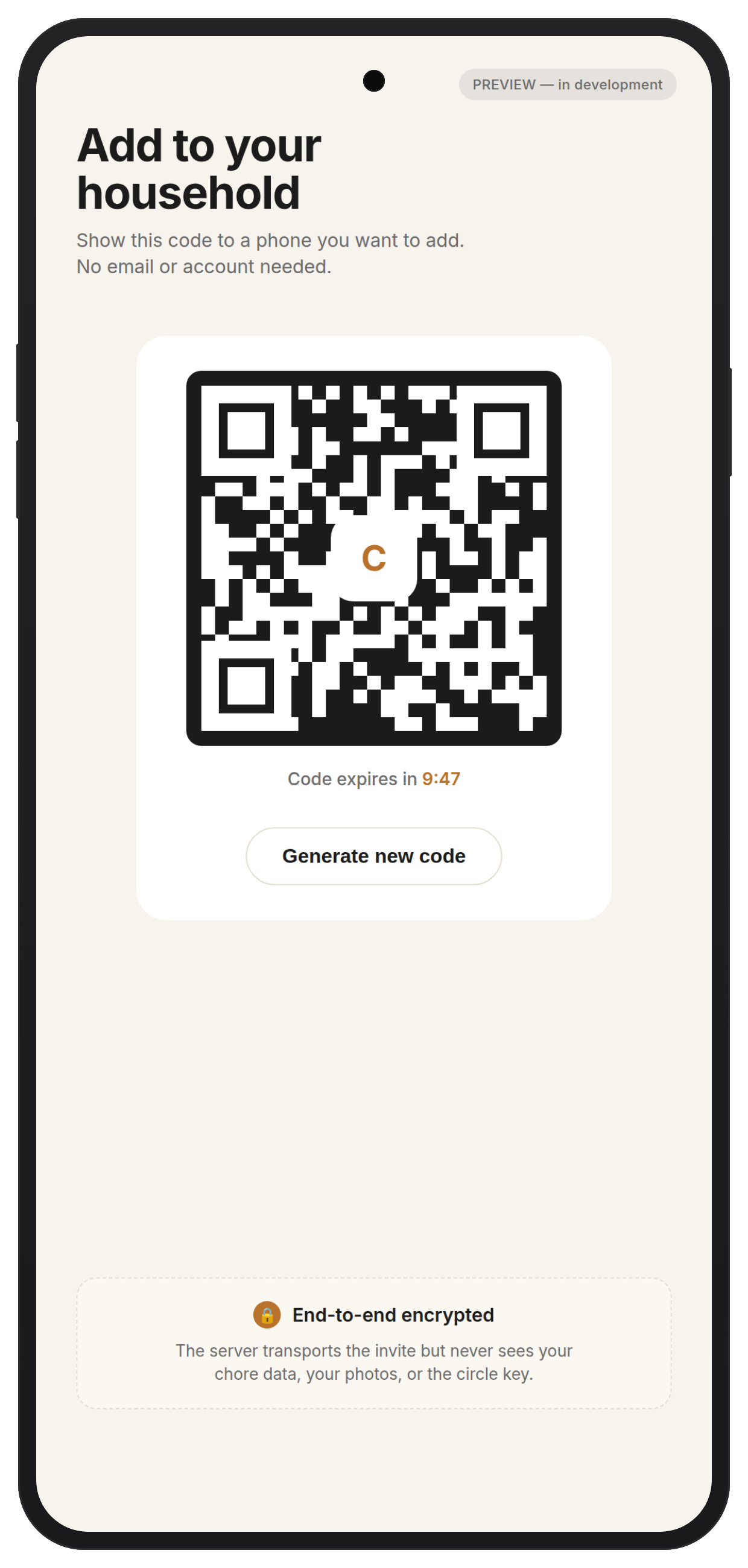 ChoreDay QR pairing screen — what one phone shows during pairing