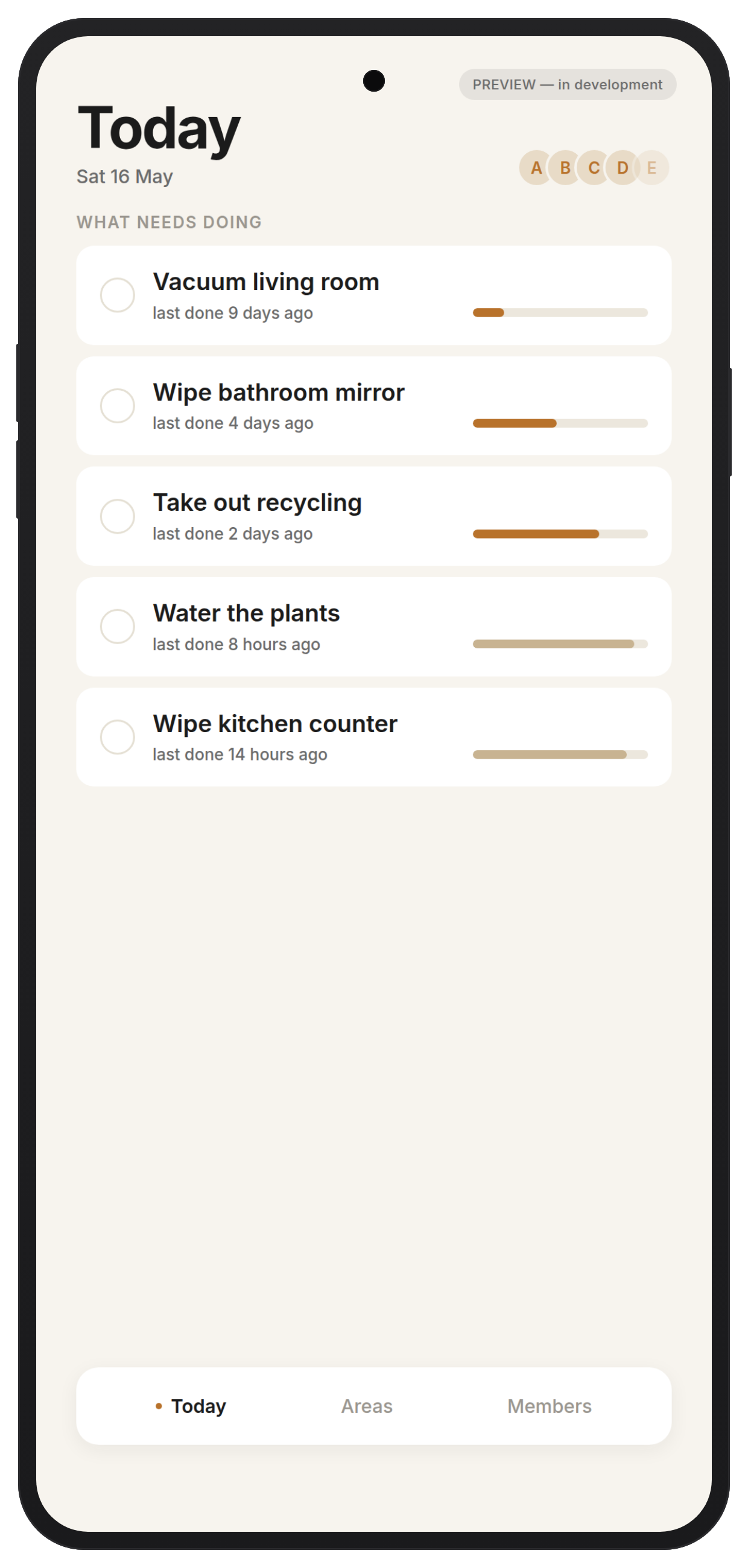 ChoreDay 'Today' screen showing a household chore list with freshness bars