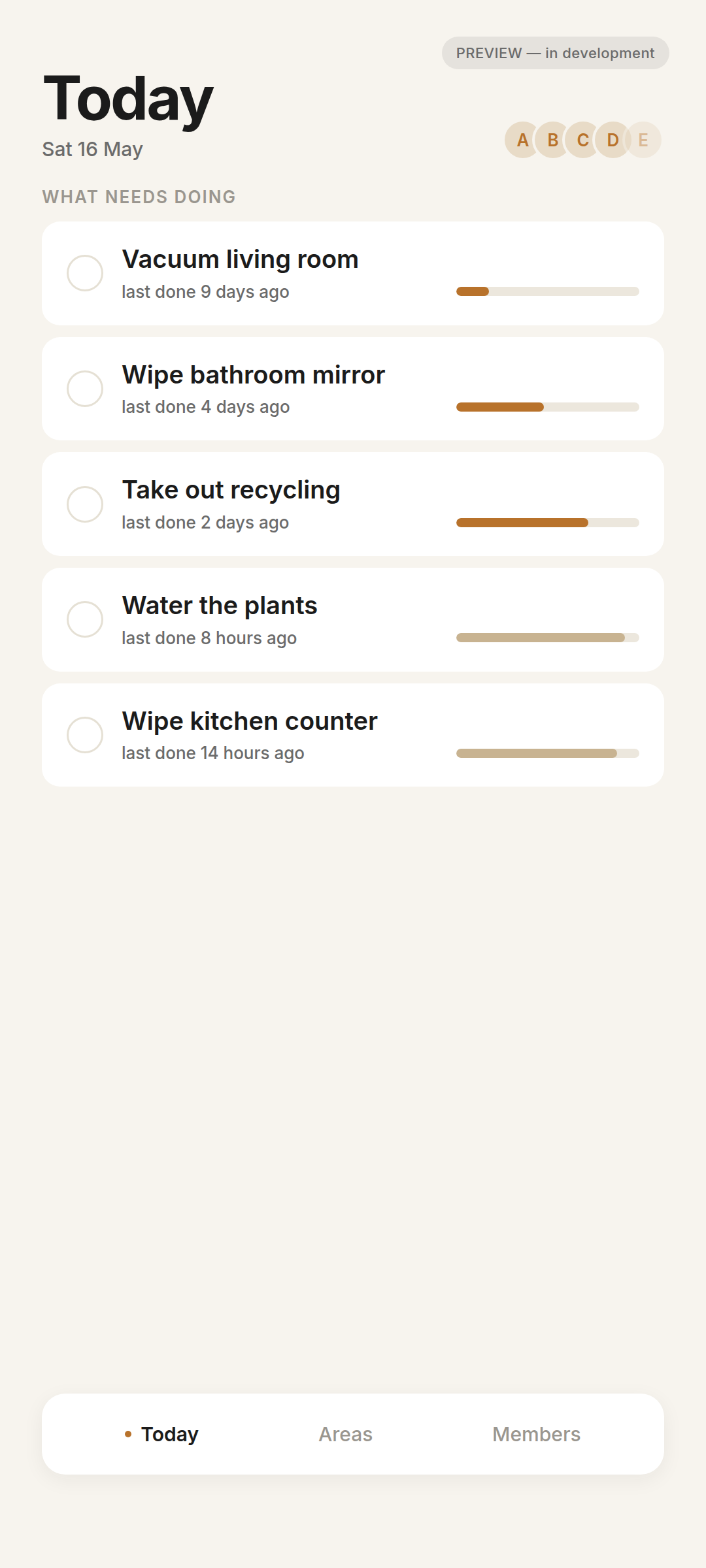 ChoreDay 'Today' screen showing a calm chore list with freshness bars